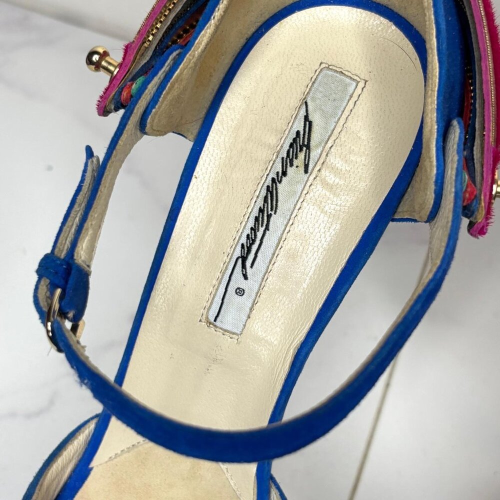 Brian Atwood TRIBECA Cuffed Blue Suede Platform Heels Multicolor Ankle Strap 37 - Picture 4 of 12